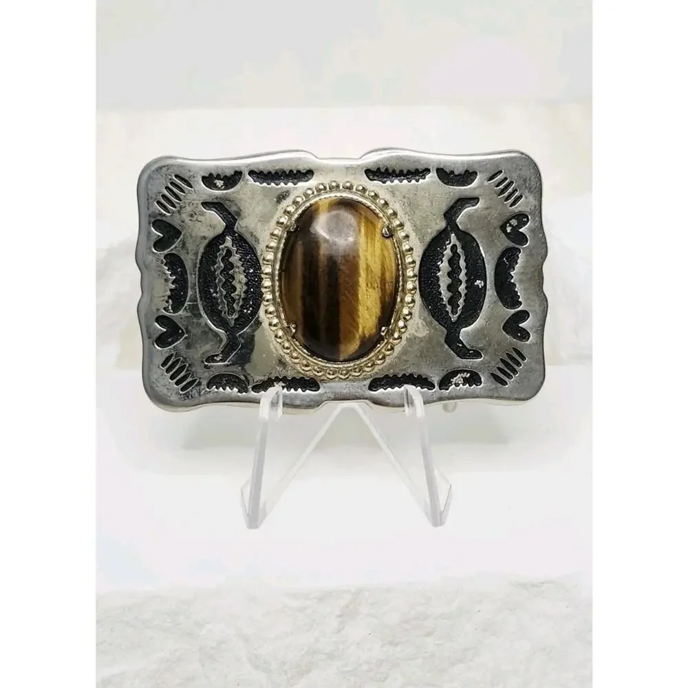 Vintage Southwestern Silver Tone Belt Buckle Genuine Tiger Eye Stone Cabochon